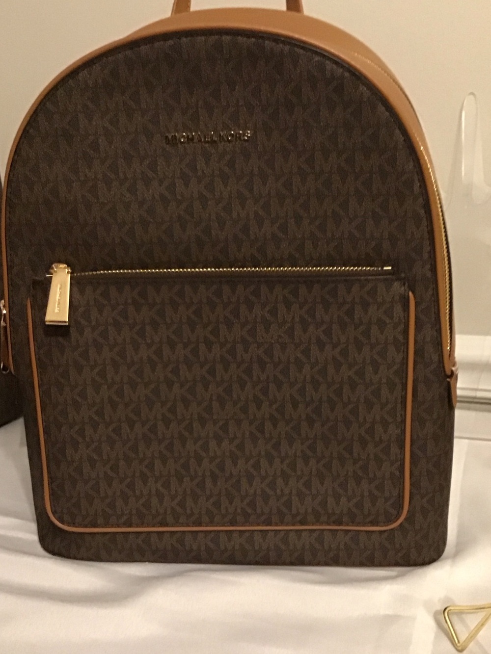 Michael Kors Brown MK Monogram Backpack with Tan Trim